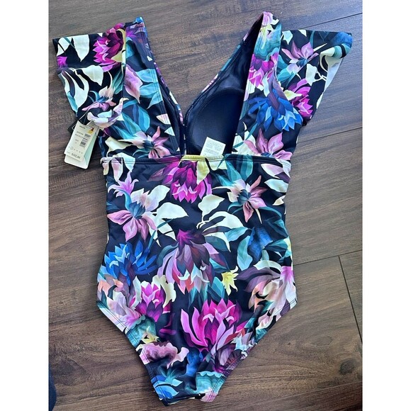 Swim Solutions Women's Floral-Print Flutter-Sleeve One-Piece Swimsuit Size 10 - Picture 7 of 8